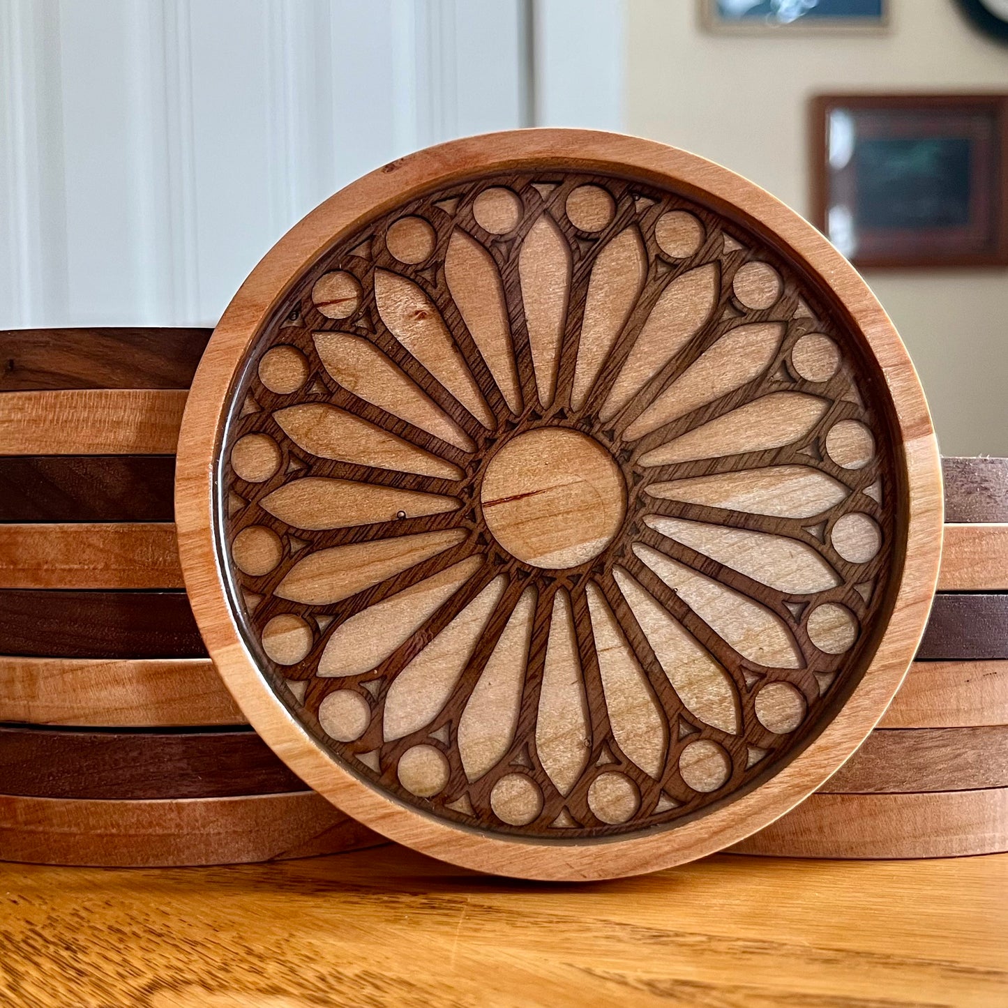 Sagrada Familia Rose Window Wood Coaster