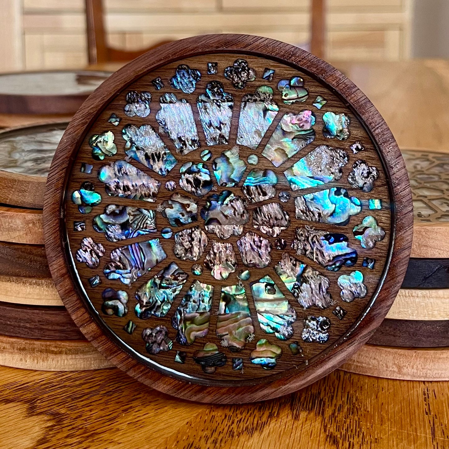 Westminster Abbey Rose Window Wood & Abalone Shell Coaster
