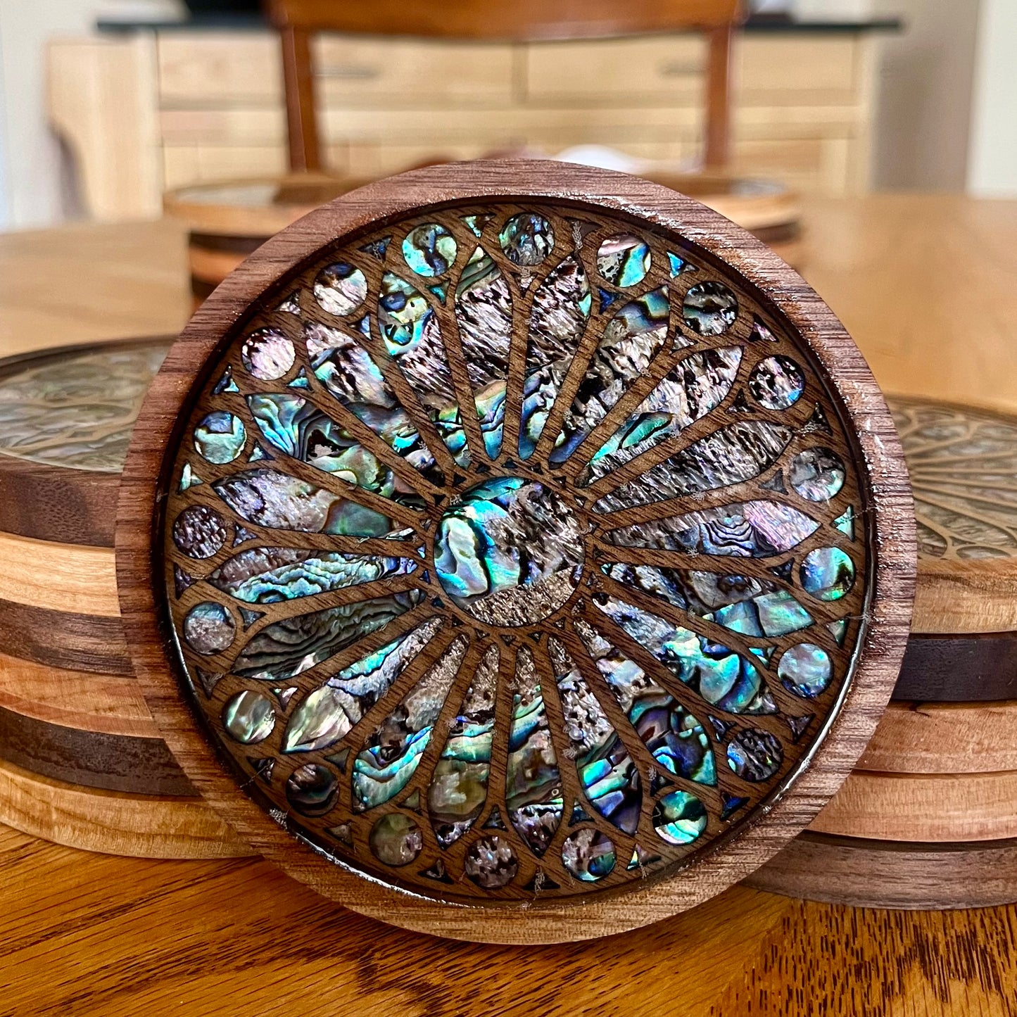 La Sagrada Familia Rose Window Wood & Abalone Shell Coaster