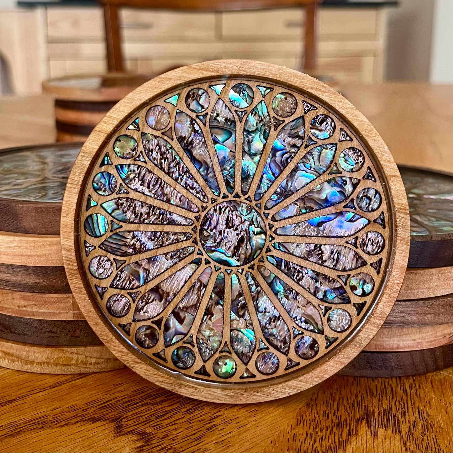 La Sagrada Familia Rose Window Wood & Abalone Shell Coaster