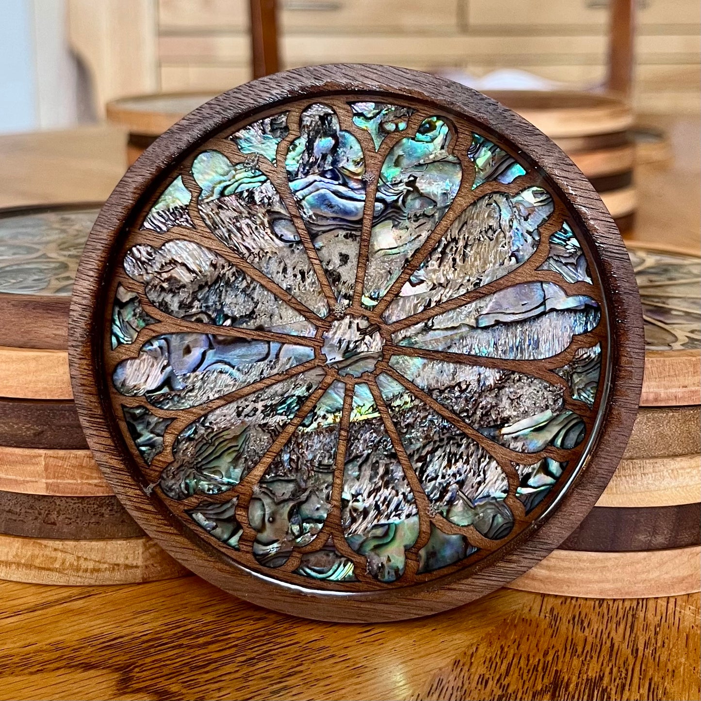 Inverness Castle Rose Window Wood & Abalone Shell Coaster