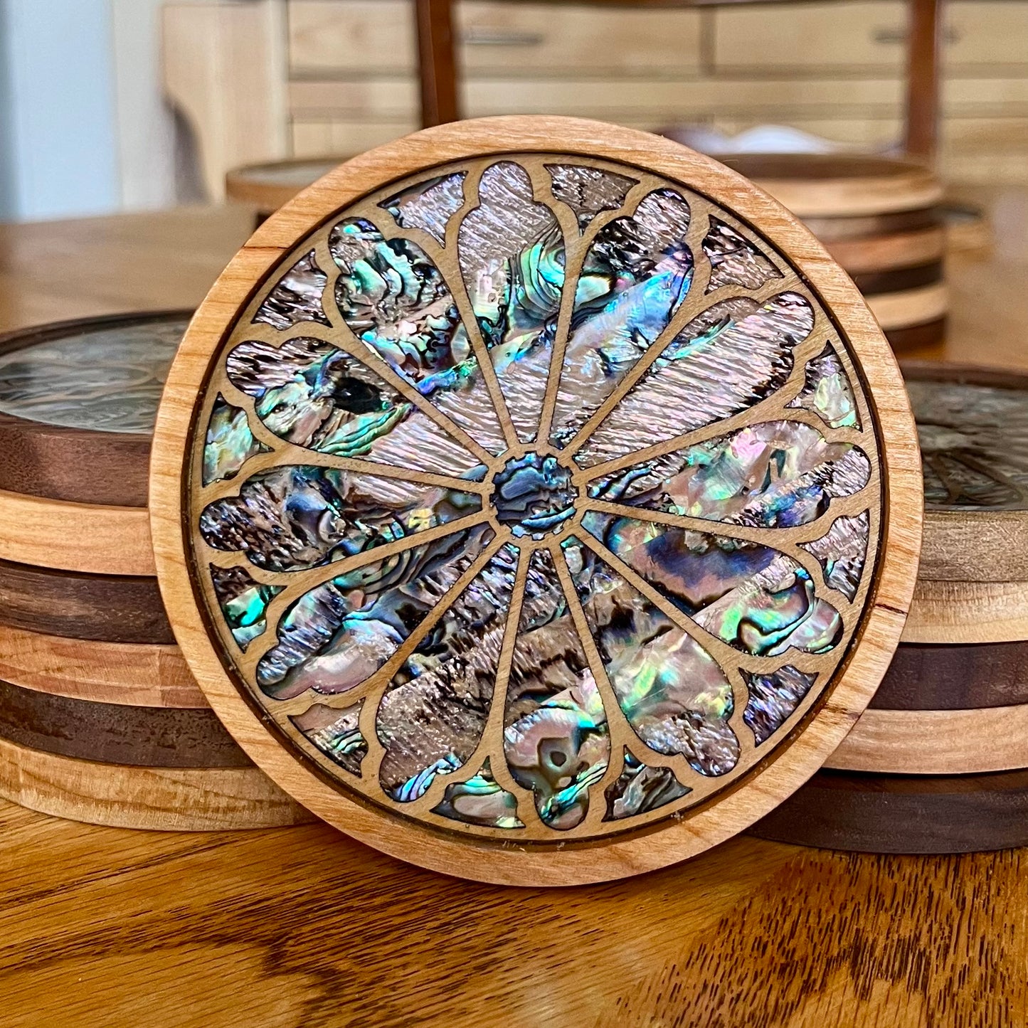 Inverness Castle Rose Window Wood & Abalone Shell Coaster