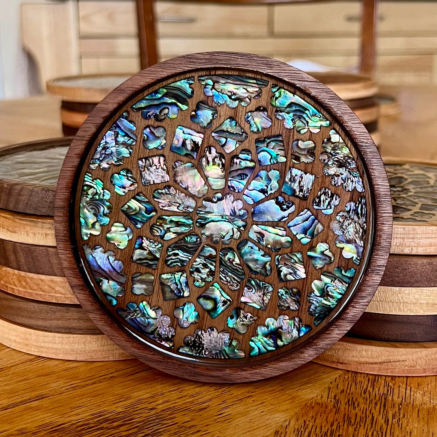 Chartres Cathedral Rose Window Wood & Abalone Shell Coaster