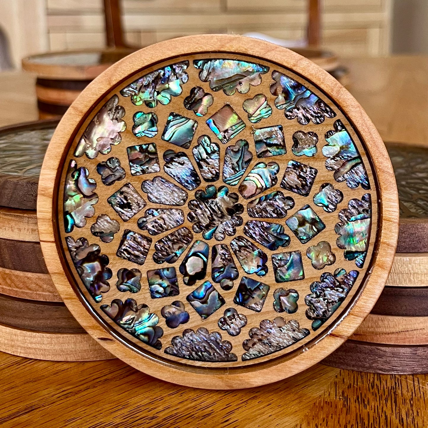 Chartres Cathedral Rose Window Wood & Abalone Shell Coaster