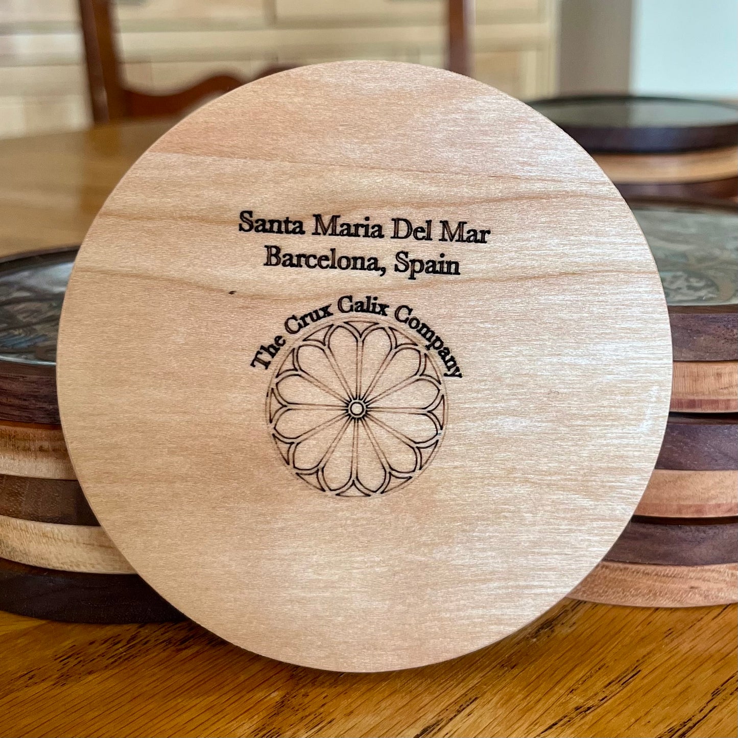 Santa Maria Del Mar Rose Window Wood Coaster