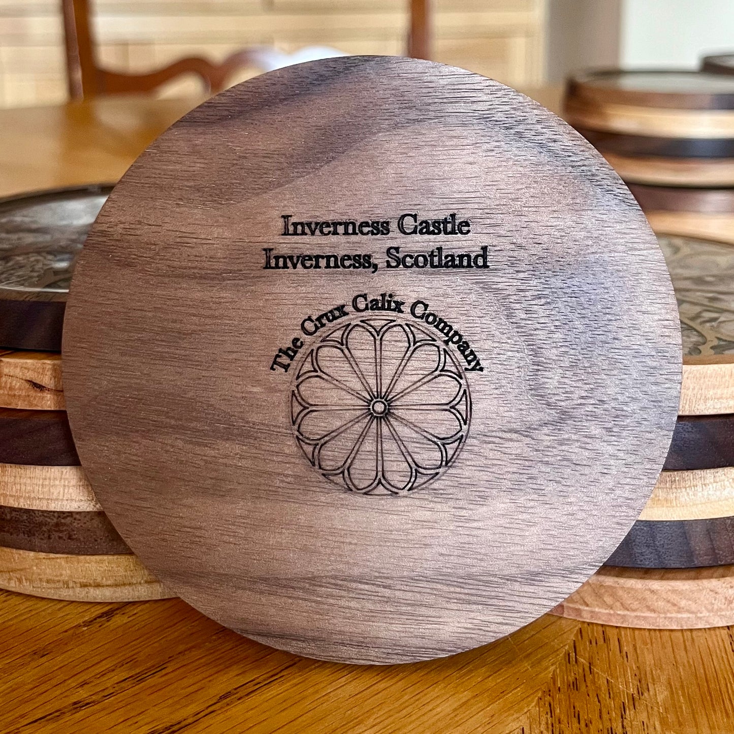Inverness Castle Rose Window Wood & Abalone Shell Coaster