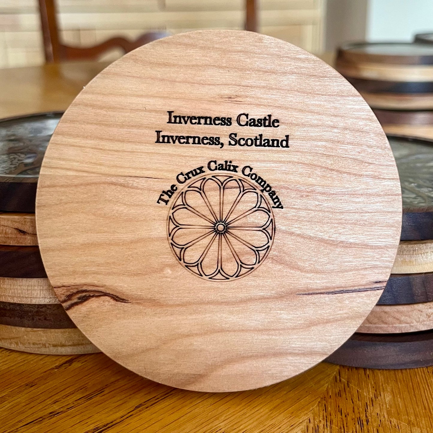 Inverness Castle Rose Window Wood & Abalone Shell Coaster