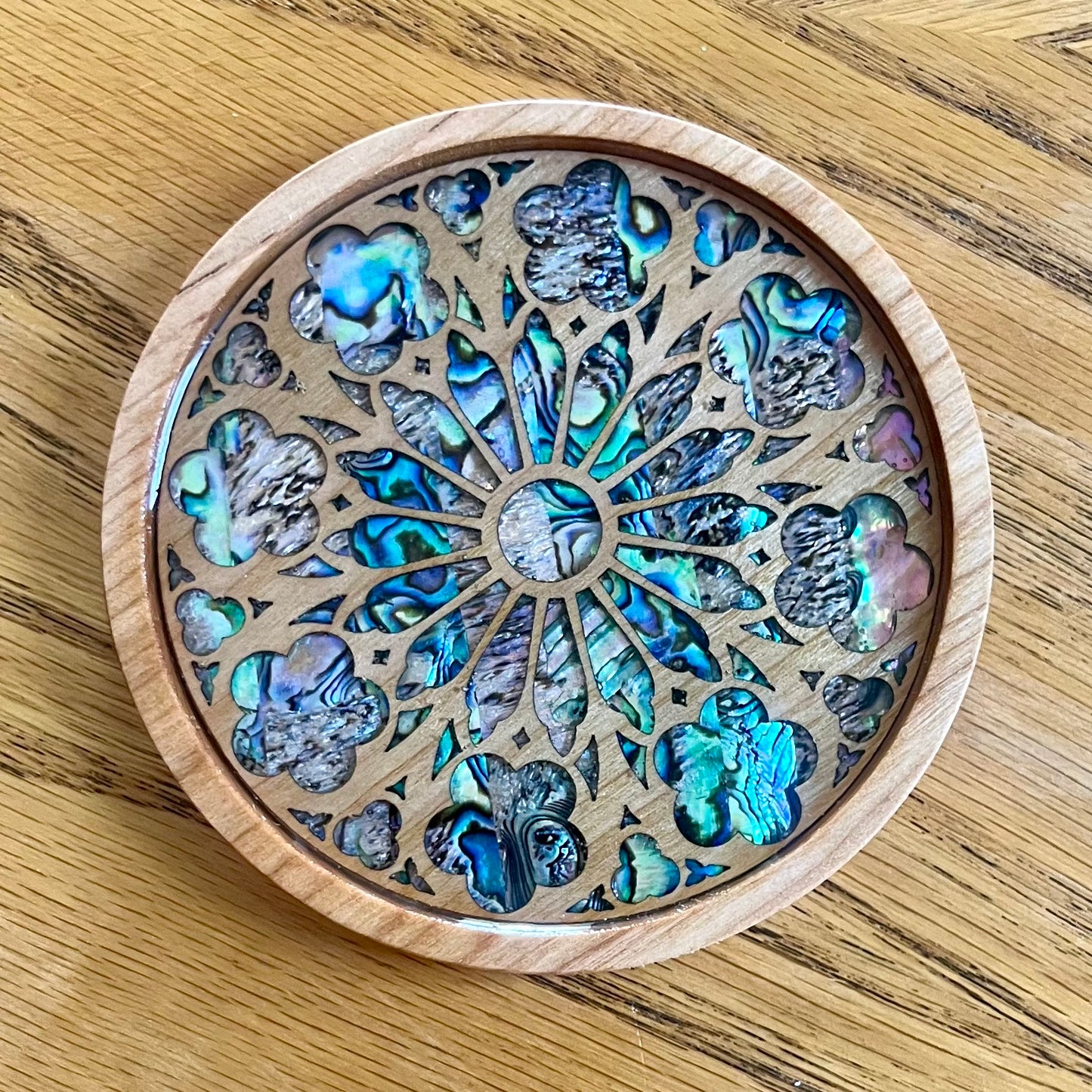 St. James Chapel Chicago Rose Window Wood & Abalone Shell Coaster