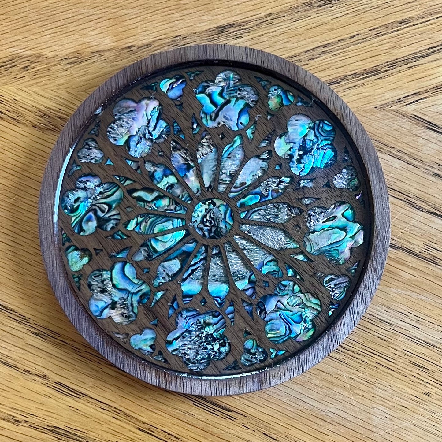 St. James Chapel Chicago Rose Window Wood & Abalone Shell Coaster