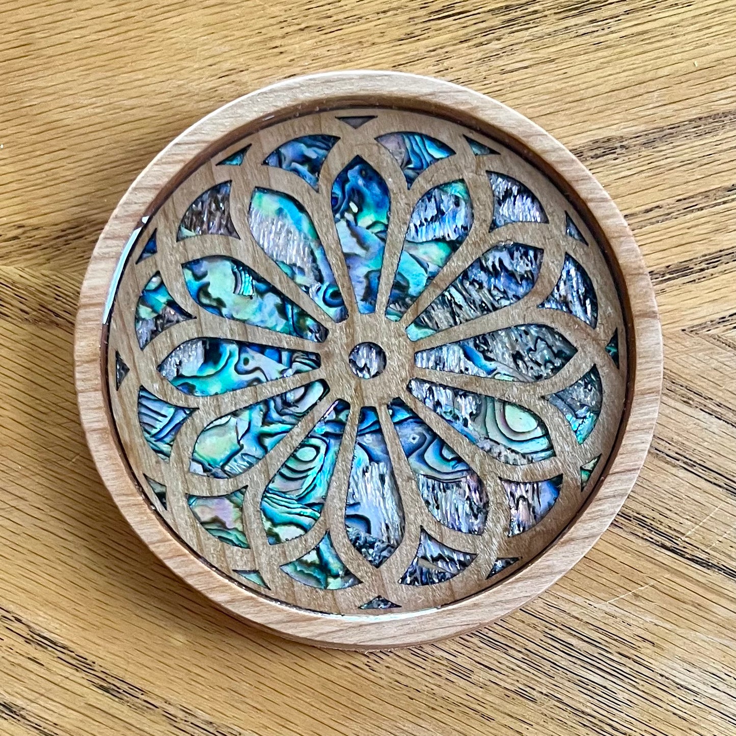 St. Clement Chicago Rose Window Wood & Abalone Shell Coaster
