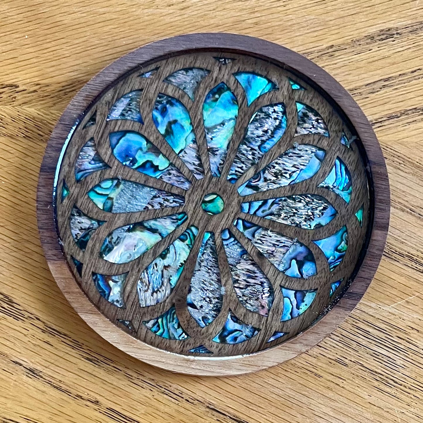 St. Clement Chicago Rose Window Wood & Abalone Shell Coaster