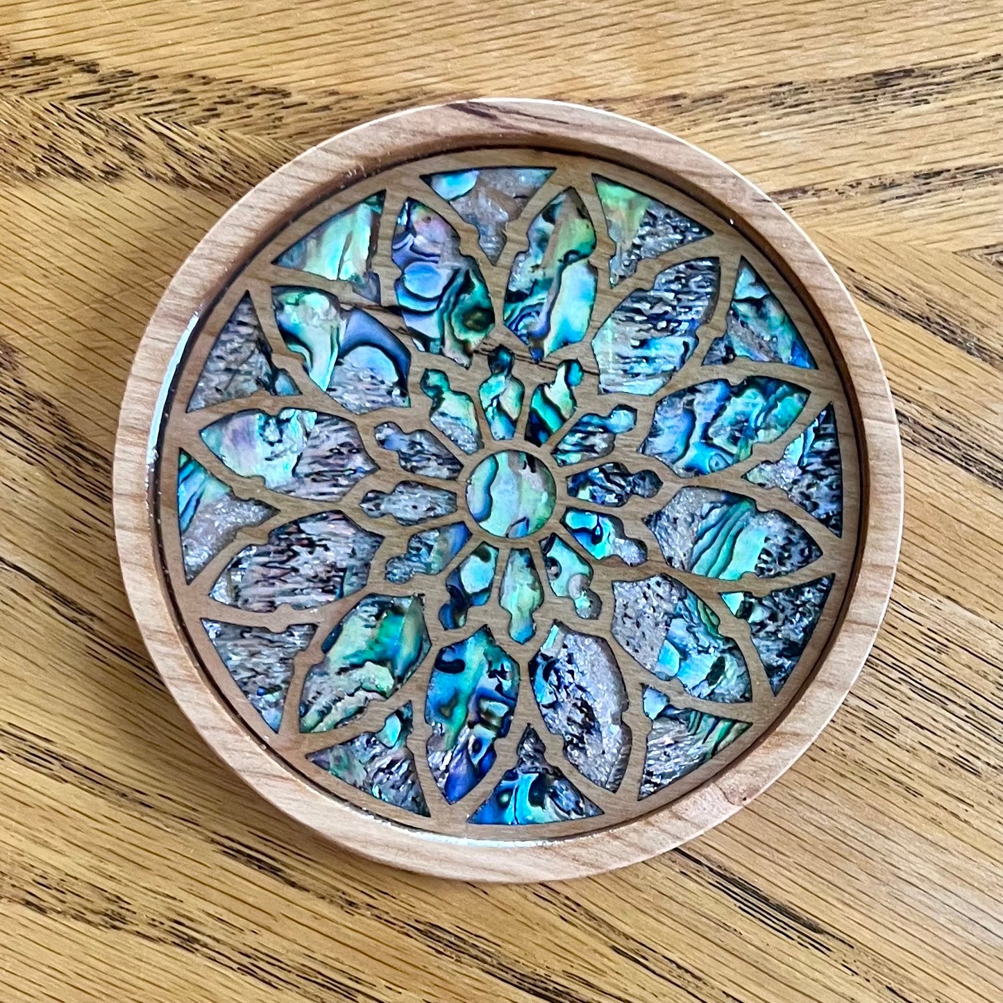 St. Alphonsus Chicago Rose Window Wood & Abalone Shell Coaster