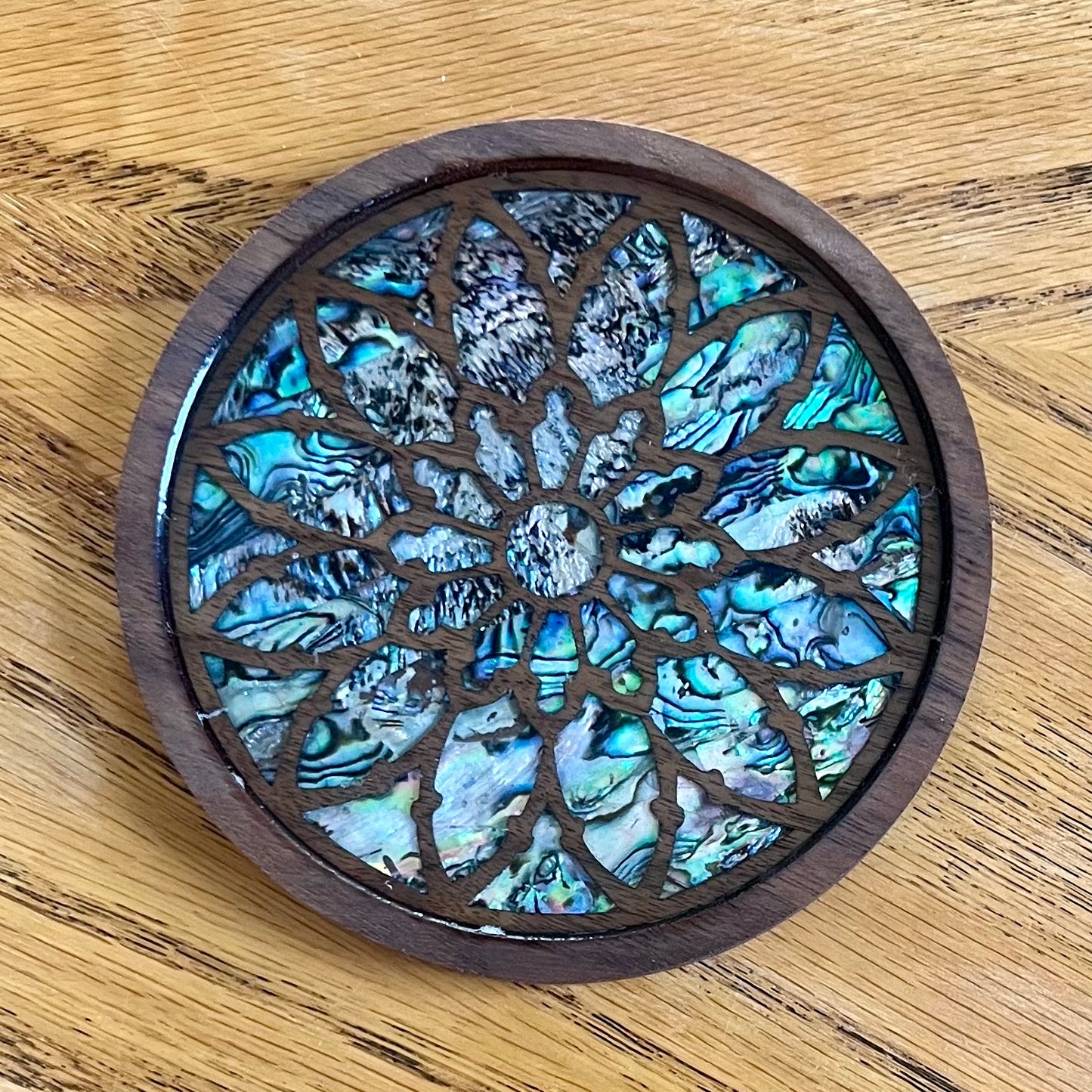 St. Alphonsus Chicago Rose Window Wood & Abalone Shell Coaster
