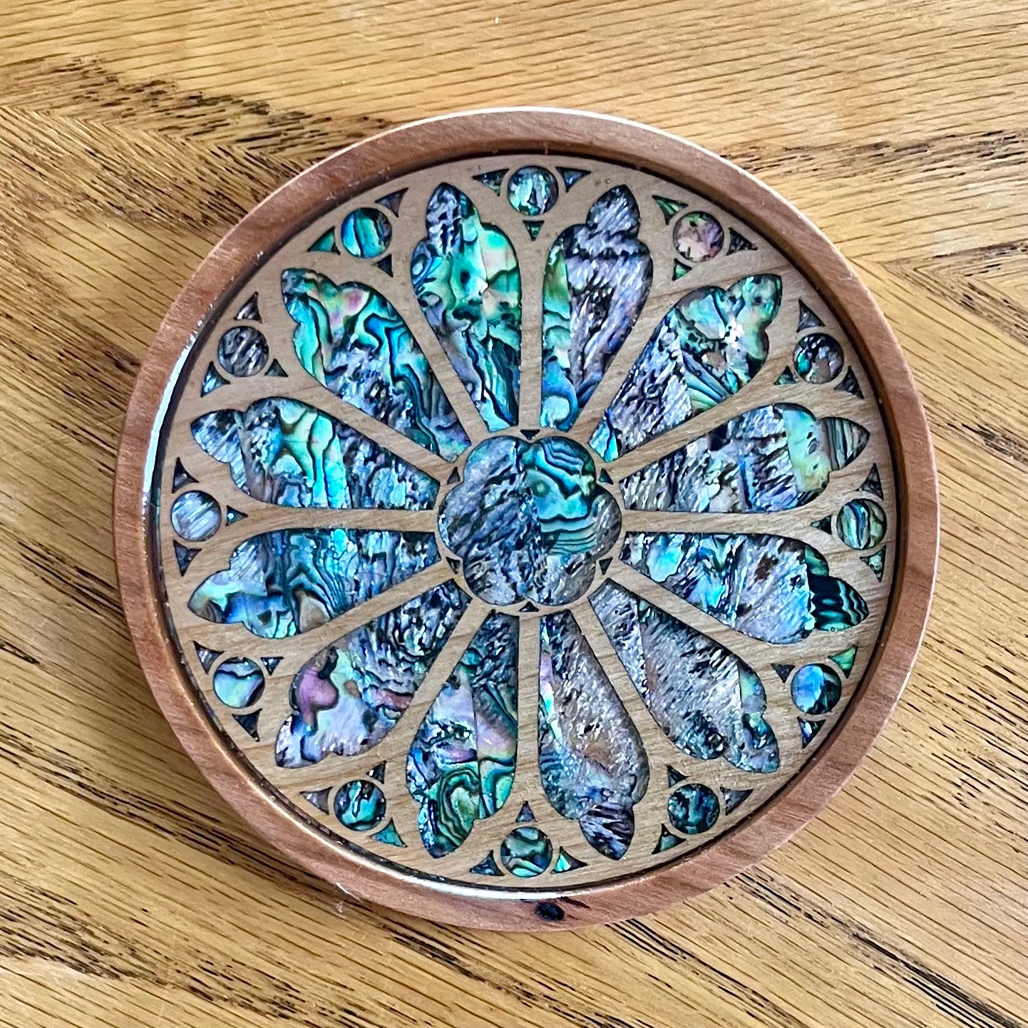 Holy Name Cathedral Chicago Rose Window Wood & Abalone Shell Coaster