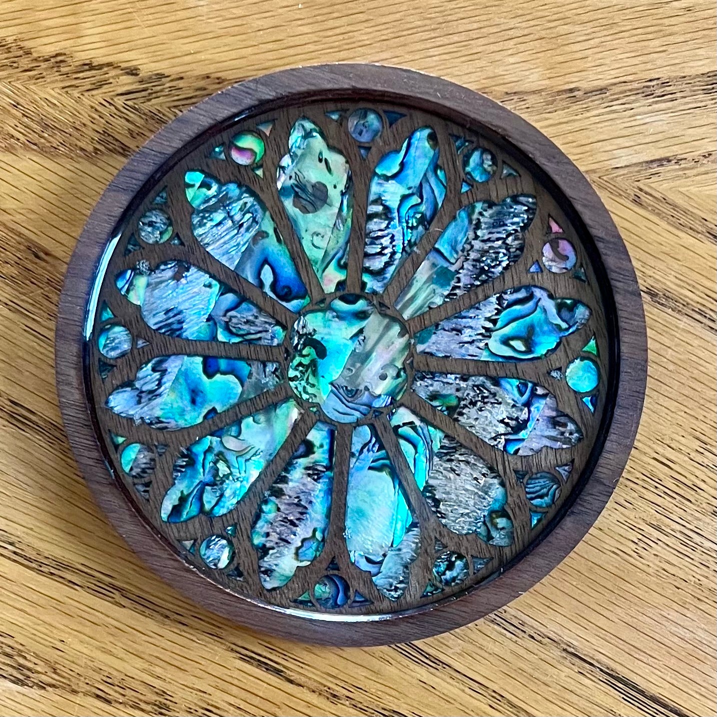 Holy Name Cathedral Chicago Rose Window Wood & Abalone Shell Coaster