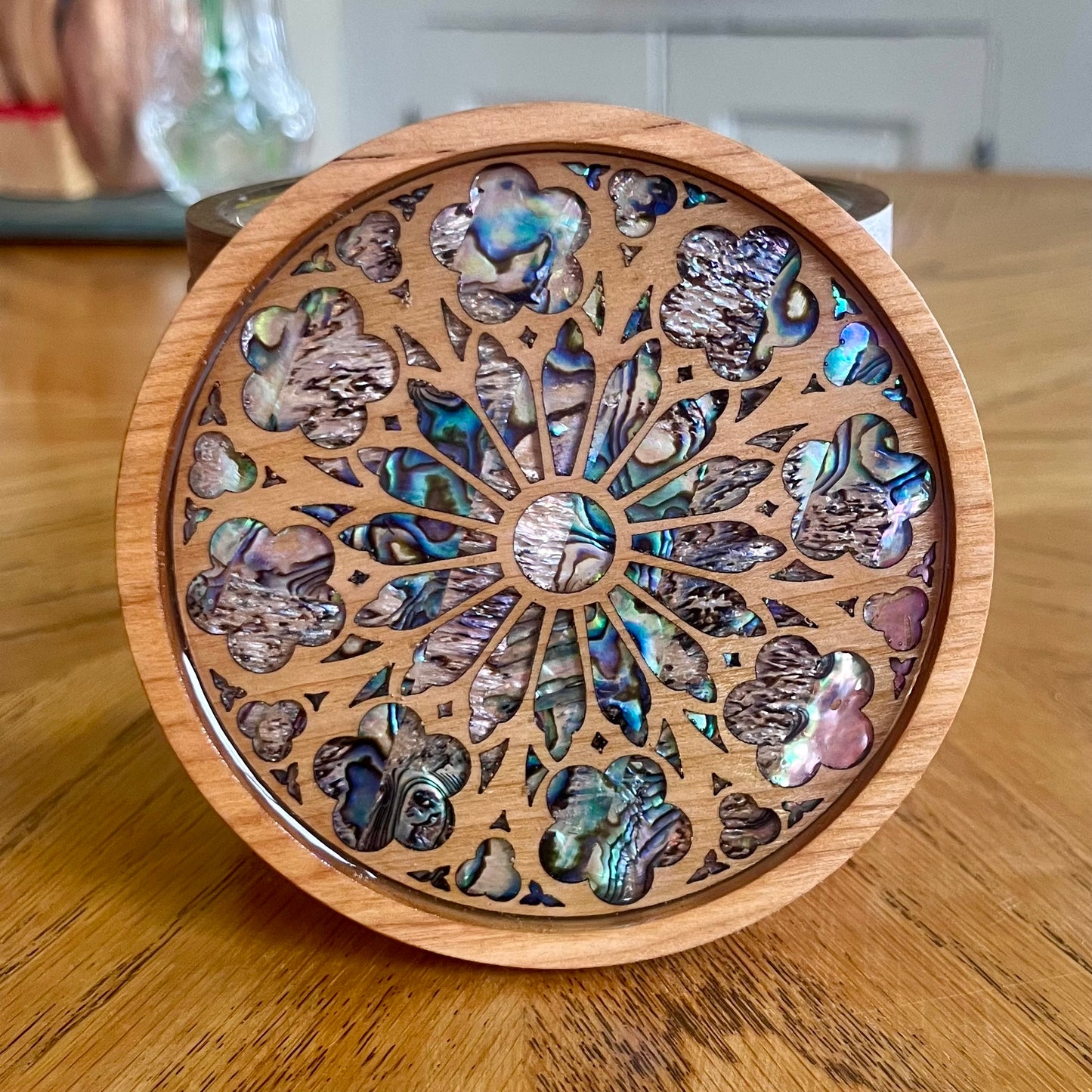St. James Chapel Chicago Rose Window Wood & Abalone Shell Coaster