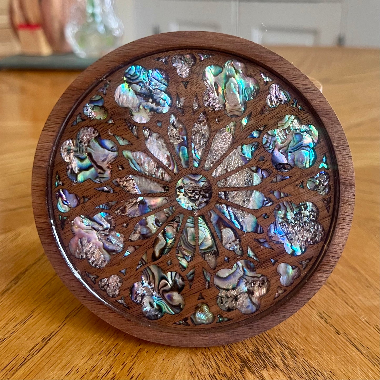 St. James Chapel Chicago Rose Window Wood & Abalone Shell Coaster