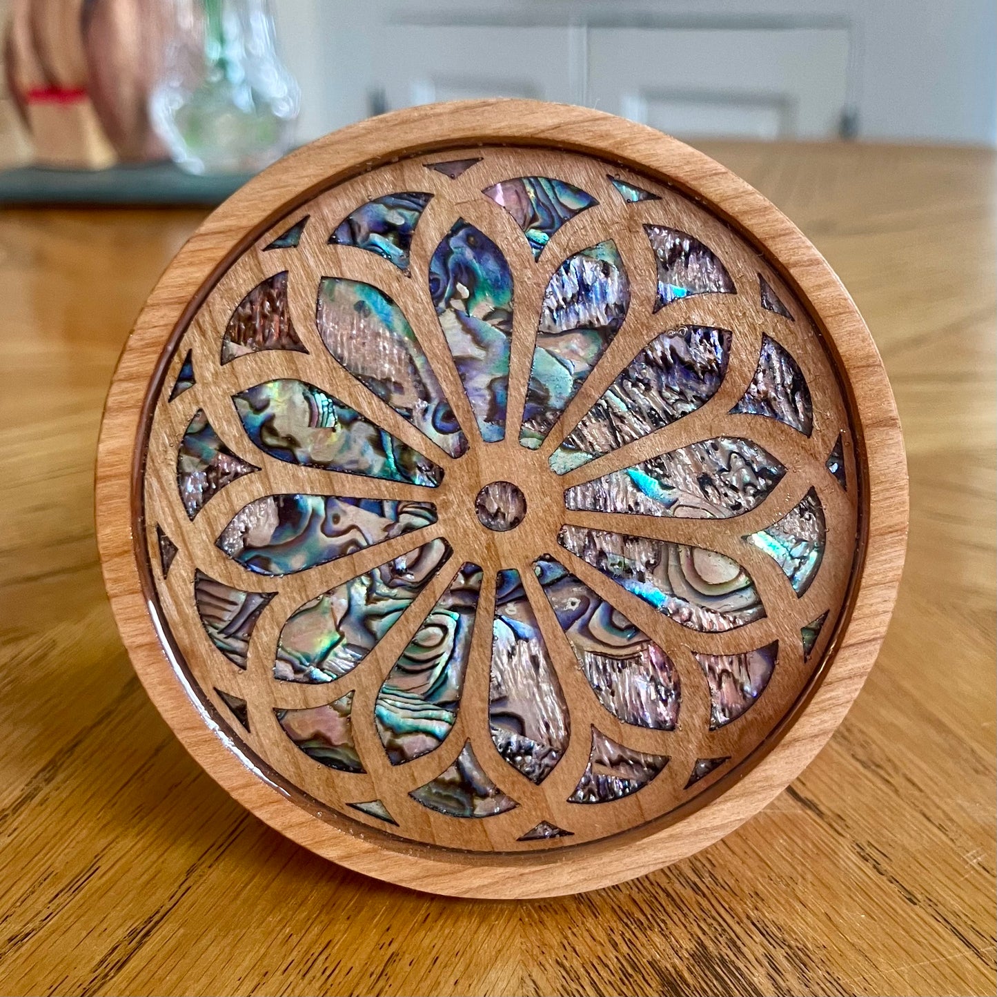 St. Clement Chicago Rose Window Wood & Abalone Shell Coaster