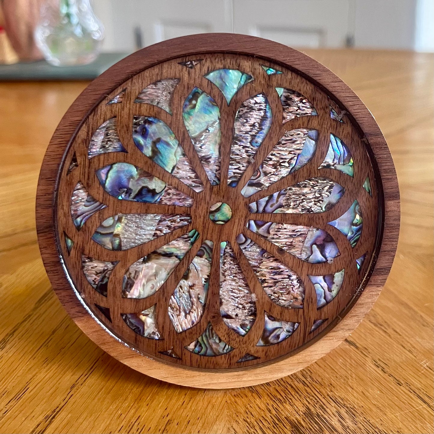 St. Clement Chicago Rose Window Wood & Abalone Shell Coaster