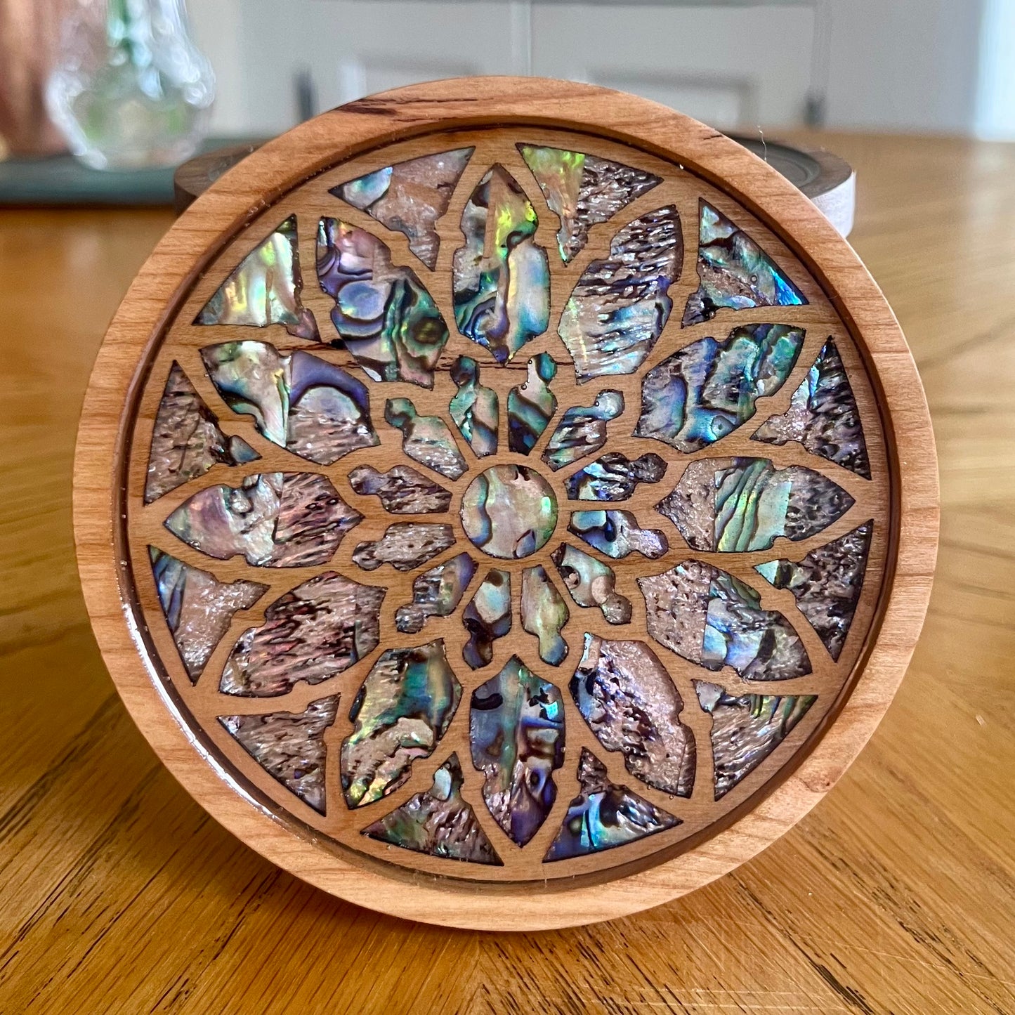 St. Alphonsus Chicago Rose Window Wood & Abalone Shell Coaster