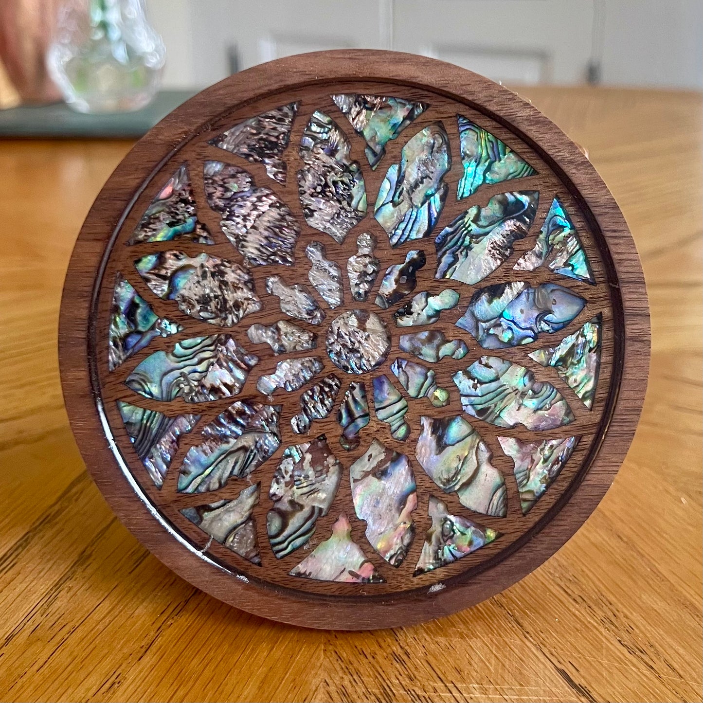 St. Alphonsus Chicago Rose Window Wood & Abalone Shell Coaster
