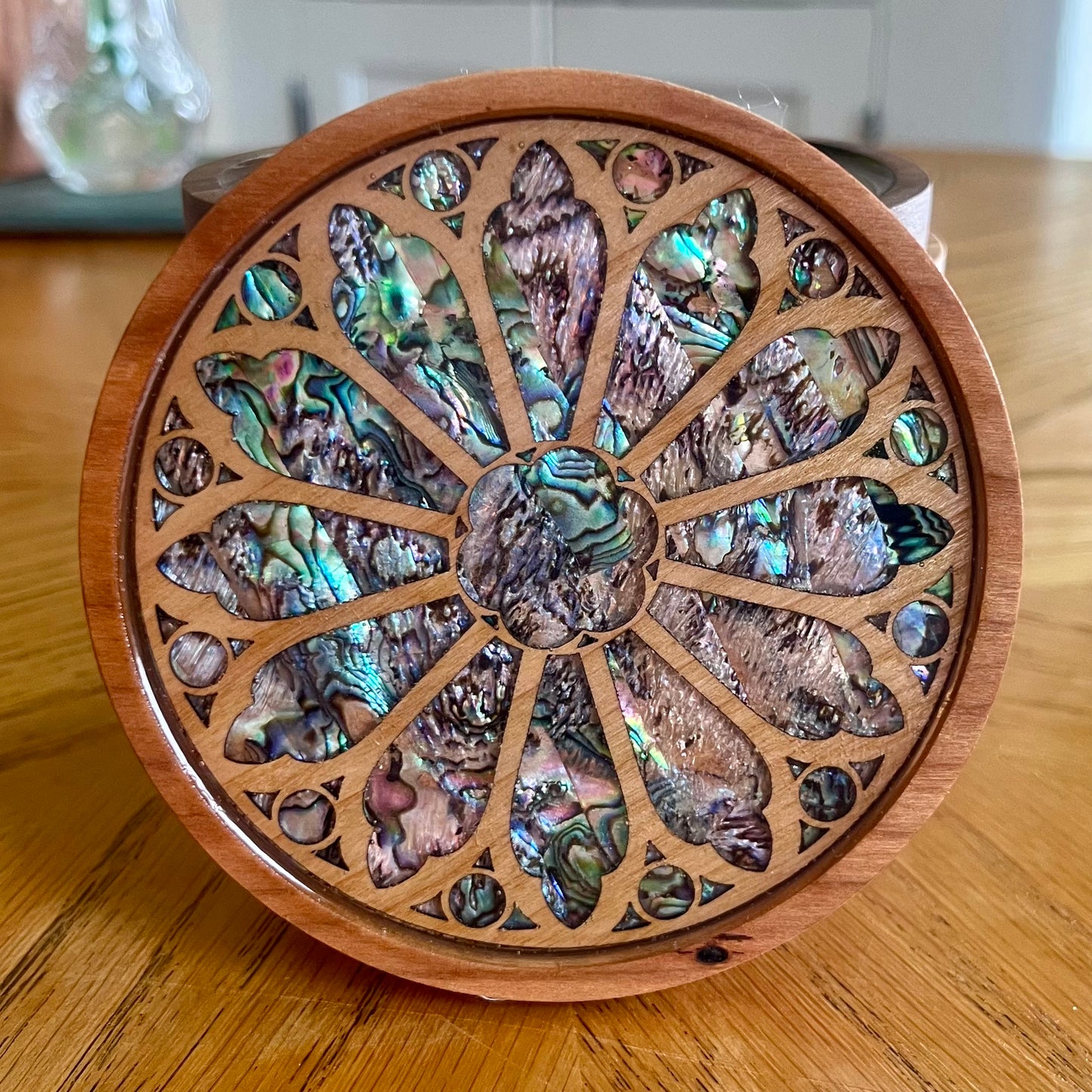 Holy Name Cathedral Chicago Rose Window Wood & Abalone Shell Coaster