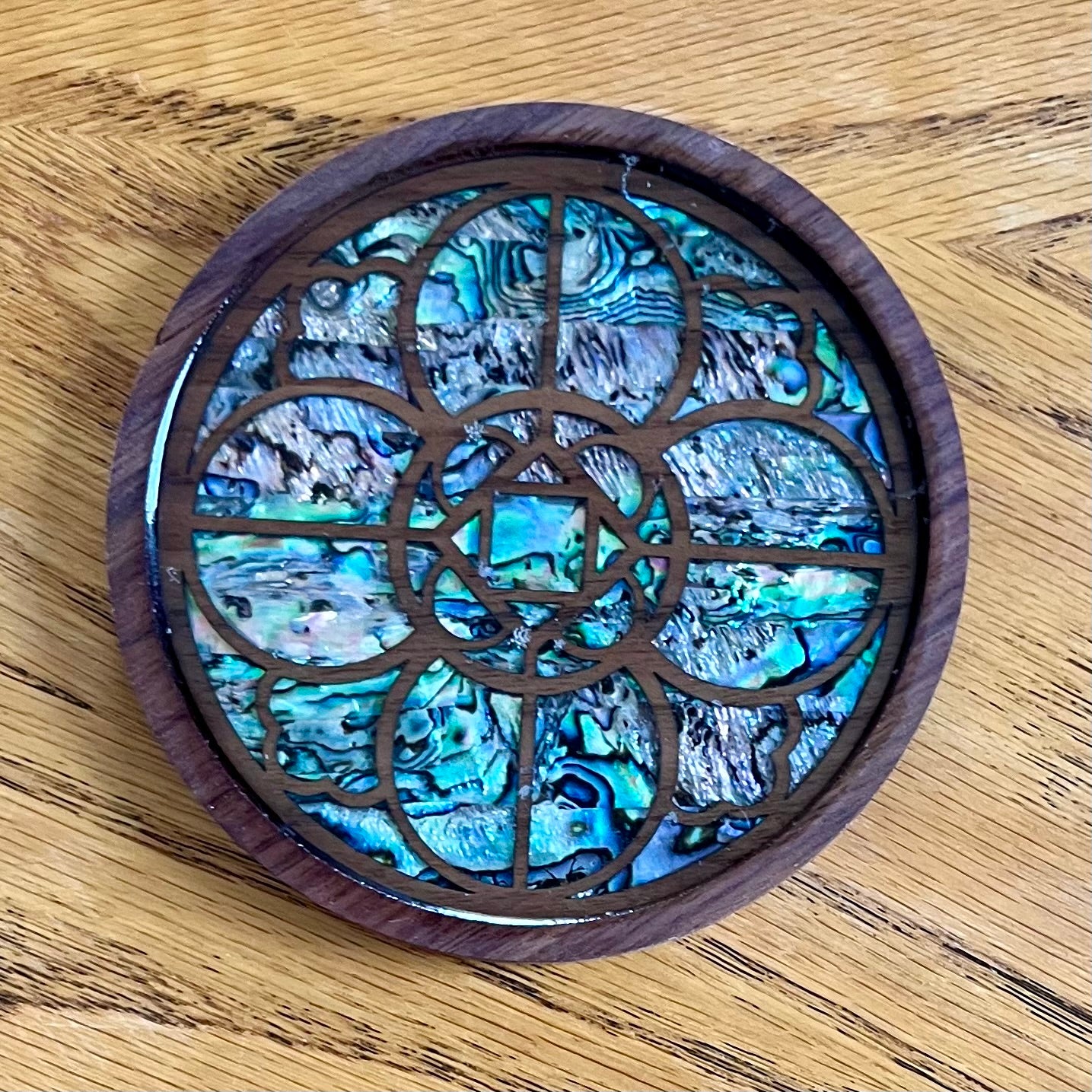 Canterbury Cathedral Rose Window Wood & Abalone Shell Coaster