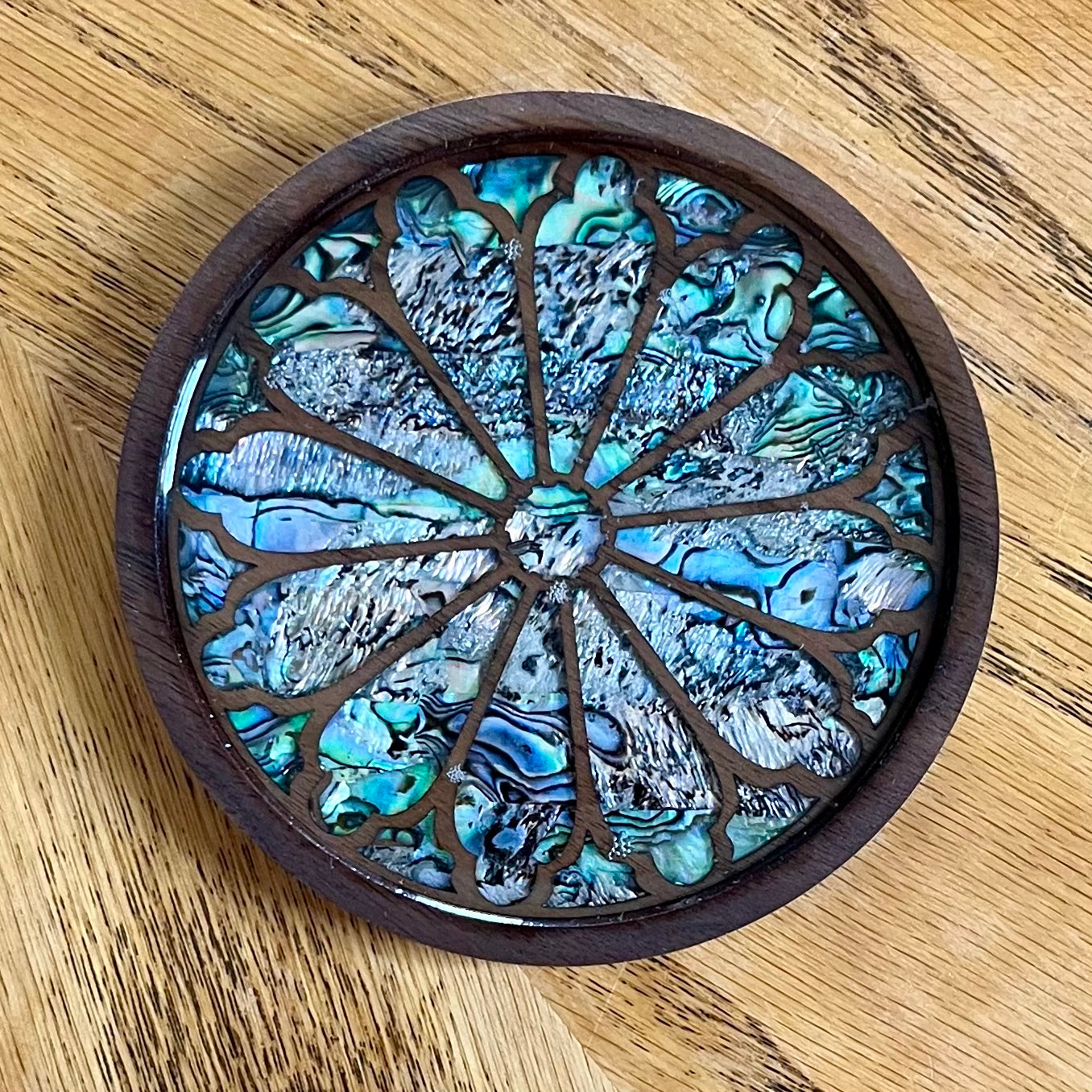 Inverness Castle Rose Window Wood & Abalone Shell Coaster