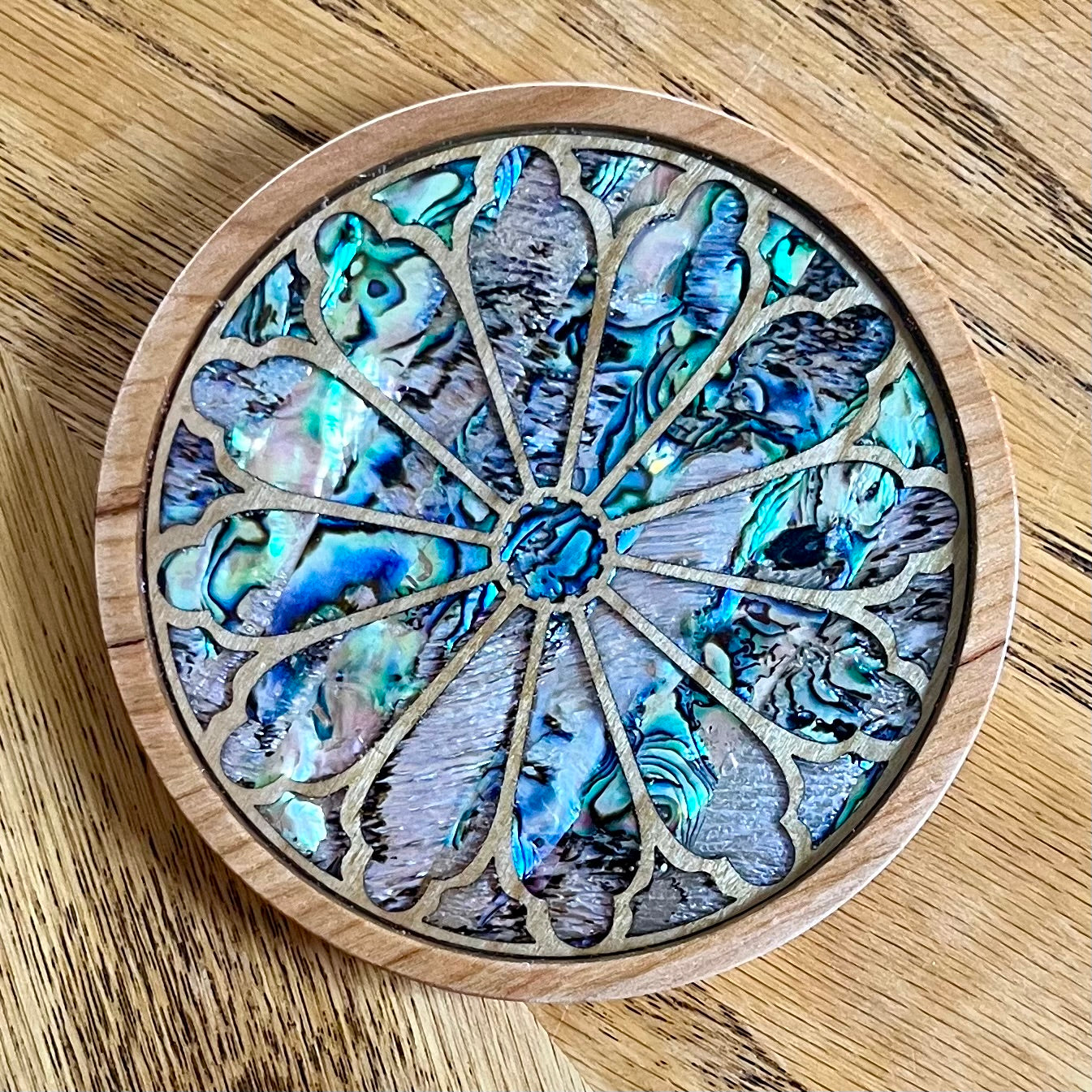 Inverness Castle Rose Window Wood & Abalone Shell Coaster