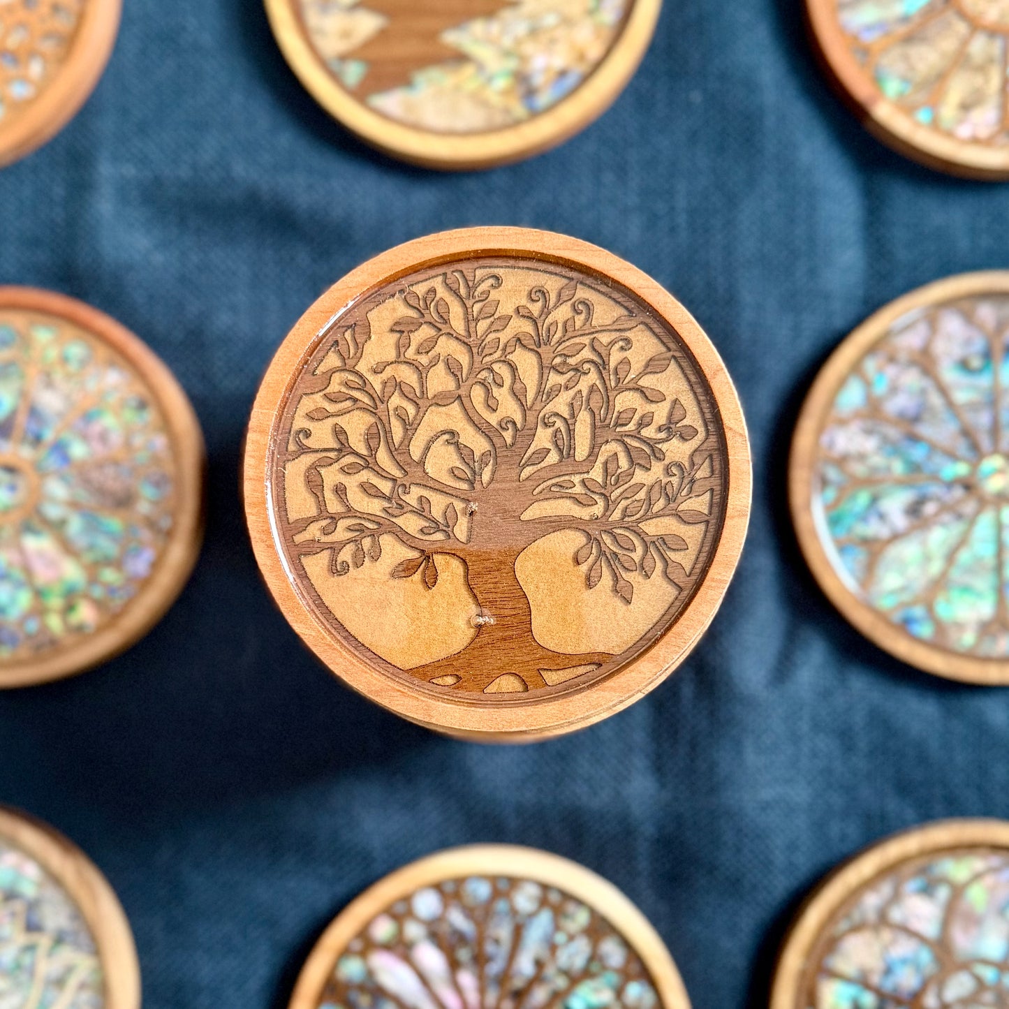 SALE - Tree of Life Wood Coaster in Cherry and Walnut