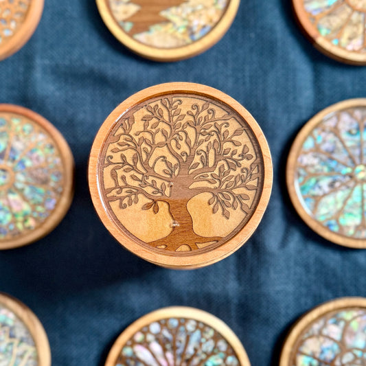 SALE - Tree of Life Wood Coaster in Cherry and Walnut