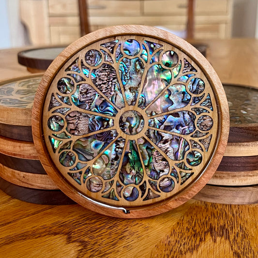 Saint-Denis Rose Window Wood & Abalone Shell Coaster