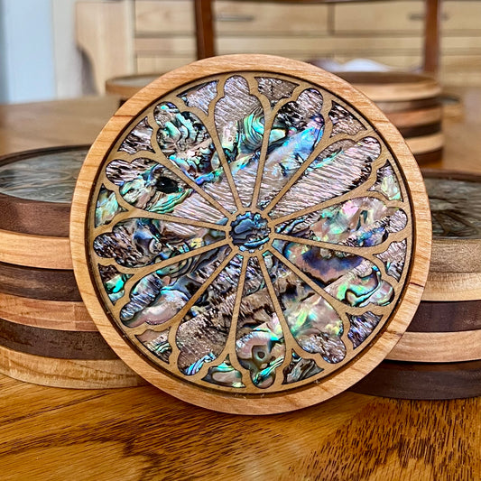Inverness Castle Rose Window Wood & Abalone Shell Coaster