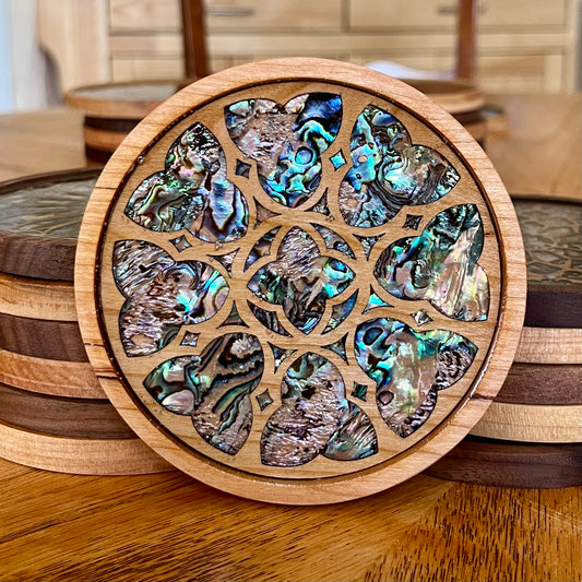 Glasgow Cathedral Rose Window Wood & Abalone Shell Coaster