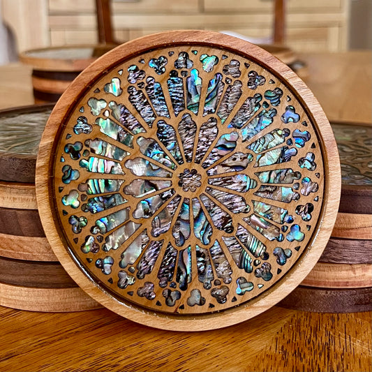 Notre Dame Rose Window Wood & Abalone Shell Coaster